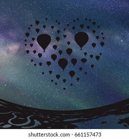 Air balloons in shape of heart at night. Vector illustration with silhouette of flying aerostats under starry sky. Landscape with rivers and lakes