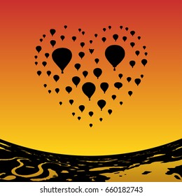 Air balloons in shape of heart at sunset. Vector illustration with silhouette of flying aerostats under evening sky. Landscape with rivers and lakes. Bright gradient background