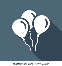 Air balloons, simple icon. Sign of celebration. White flat icon with long shadow on blue background