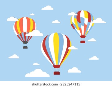Air balloons in sky with clouds concept. Vehicles for travel and adventure. Beautiful natural landscape and panorama. Flights and travels, tourism. Cartoon flat vector illustration