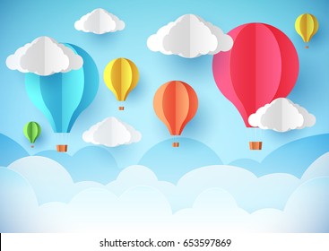 Air balloons in the sky. Template flyer, banner or poster. Paper style.