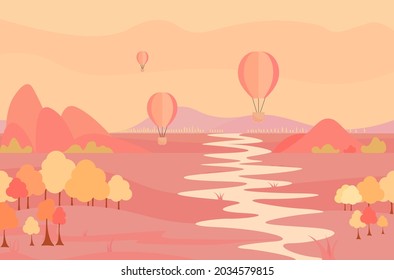 Air balloons in the sky vector illustration. Nature landscape. Autumn landscape vector illustration. 