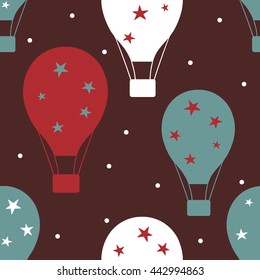 Air balloons with stars hand drawn seamless pattern. Doodle wallpaper vector. Colorful background with icon set