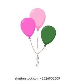 Air balloons tied in bunch, flying up. Festive decoration for party celebration, floating and soaring. Baloons with string for birthday event. Flat vector illustration isolated on white background