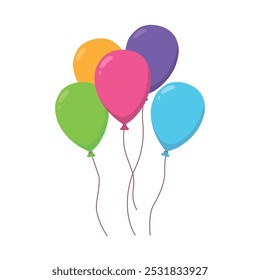 Air balloons tied in bunch, flying up. Festive decoration for party celebration, floating and soaring.
Baloons with string for birthday event vector illustration.