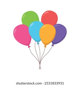 Air balloons tied in bunch, flying up. Festive decoration for party celebration, floating and soaring.
Baloons with string for birthday event vector illustration.