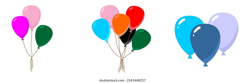 Air balloons tied in bunch, flying up. Festive decoration for party celebration, floating and soaring. Baloons with string for birthday event. Flat vector illustration isolated on white background