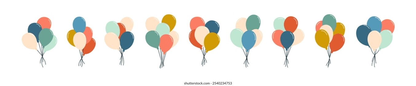 Globos de aire atados con cuerdas, globos y racimos. Paquetes de globo multicolores festivos. Bolas de helio inflables volando. Decoración de Festiva. Ilustración vectorial plana aislada sobre fondo blanco