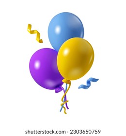 Icono del vector 3d de globos de aire. Diseño púrpura, amarillo y azul de cumpleaños simple, aislado en fondo blanco con confeti festivo