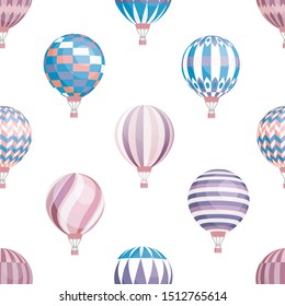 Air balloons vector seamless pattern. Flying aircrafts on white background. Aerial transportation. Hot air ballooning, airships texture. Aerostat transport wrapping paper, wallpaper, textile design.