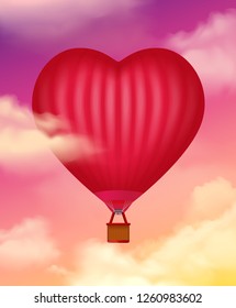 Air baloon in heart shape realistic background with clouds vector illustration