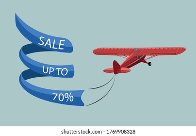 Air banner with single engine turboprop plane. Sale template. Advertisement icon