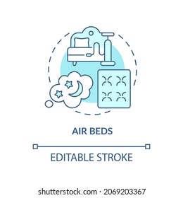 Icono de concepto azul de las camas de aire. Ilustración de línea delgada de ideas abstractas de material colchón común. Una cama inflable para acampar. Ajustar las cámaras de aire. Dibujo de color de contorno aislado del vector. Trazo editable
