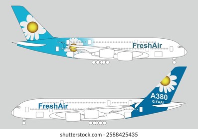 air blue a380 branding guideline with line art from both sides. Fresh air aviation aircraft business jet, white window transportation commercial vehicle  