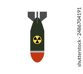 air bomb atomic war aviation symbol flat design vector illustration. Air nuclear bomb, atomic rocket plane, bombshell in flight isolated on a white background.