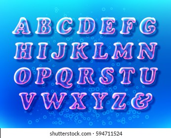 Fuente del alfabeto de burbuja de aire con transparencia y sombras en el fondo azul del agua. Bombilla 3D letras aisladas y números