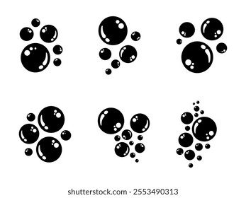 Air bubbles black flat icon set. Soap foam bubbles, oxygen bubbles, water bubbles, vector design elements isolated.