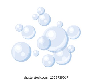 Air bubbles in cartoon style. Vector illustration of cute and transparent soap bubbles isolated on white background. Round bubbles of different sizes. Foam.