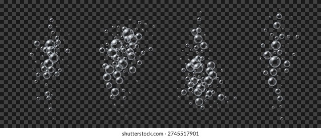 Air bubbles effect set. Realistic fizzy droplets with transparency. Underwater gas flying up in drops