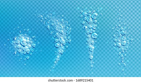 Air bubbles, effervescent water fizz set. Dynamic aqua motion, randomly moving underwater fizzing, soda drink design elements isolated on transparent background, Realistic 3d vector illustration