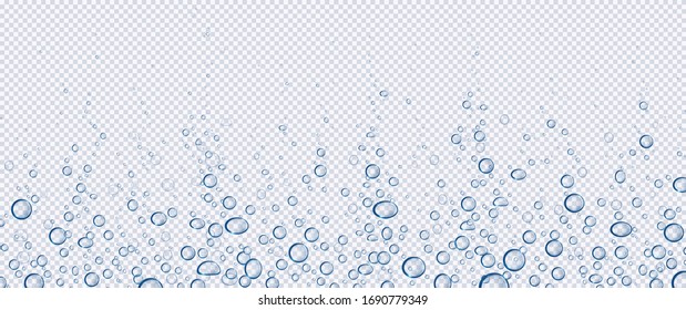 Air bubbles, effervescent water fizz border. Dynamic aqua motion, randomly moving underwater fizzing, soda drink frame design on transparent background, Realistic blue 3d vector illustration