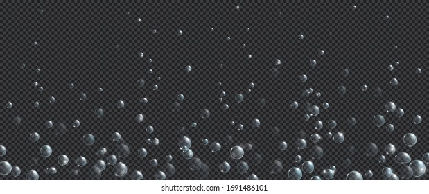 Air bubbles, effervescent water fizz border. Dynamic aqua motion, randomly moving underwater fizzing, soda drink frame design on transparent background, Realistic blue 3d vector illustration