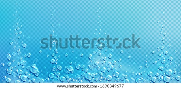 泡 沸き立つ水の境界 青の透明な背景に動的な水色の動き ランダムに動く水中のフィジング 炭酸飲料のフレームデザイン リアルな3dベクターイラスト のベクター画像素材 ロイヤリティフリー