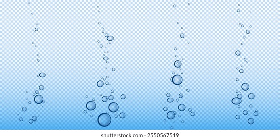 As bolhas de ar borbulham a água isolada no fundo transparente. Ilustração realista de vetor de fagulhas de oxigênio submersas, comprimido efervescente em líquido, respingo de bebida carbonatada, efeito de mergulho