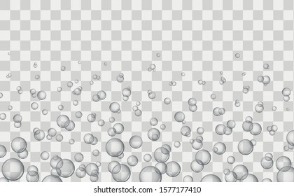 Air bubbles on transparent background. Underwater air bubbles, fizzy water or soap foam texture. Effervescent drink.  Isolated. Vector illustration