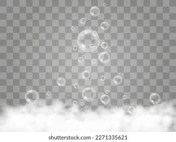 	
Burbujas de aire sobre un fondo transparente. Ilustración vectorial de espuma de jabón.	