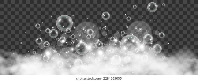 Air bubbles on a transparent background. Soap foam vector illustration.	