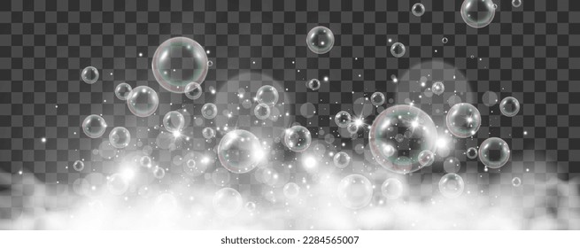 Air bubbles on a transparent background. Soap foam vector illustration.	