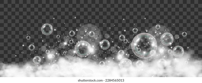 Air bubbles on a transparent background. Soap foam vector illustration.	