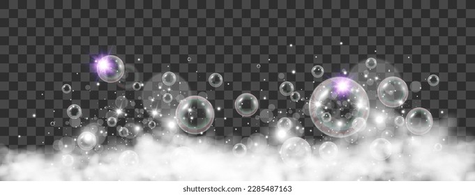 Air bubbles on a transparent background. Soap foam vector illustration.	