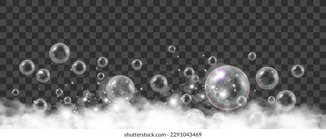 Air bubbles on a transparent background. Soap foam vector illustration.	
