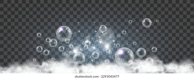 Air bubbles on a transparent background. Soap foam vector illustration.	
