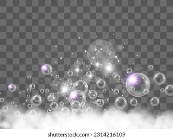 Air bubbles on a transparent background. Soap foam vector illustration.	
