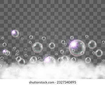 	
Burbujas de aire sobre un fondo transparente. Ilustración vectorial de espuma de jabón.