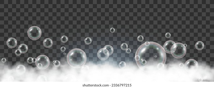 Burbujas de aire sobre un fondo transparente. Ilustración vectorial de espuma de jabón.	
