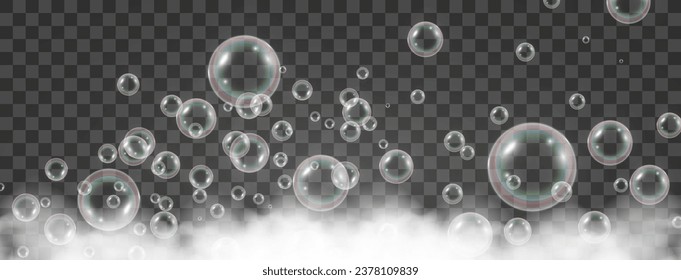 Air bubbles on a transparent background. Soap foam vector illustration.	
