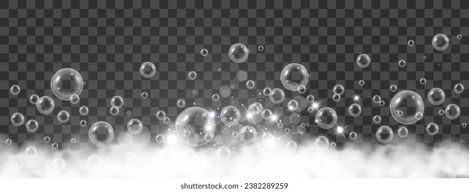 Air bubbles on a transparent background. Soap foam vector illustration.	
