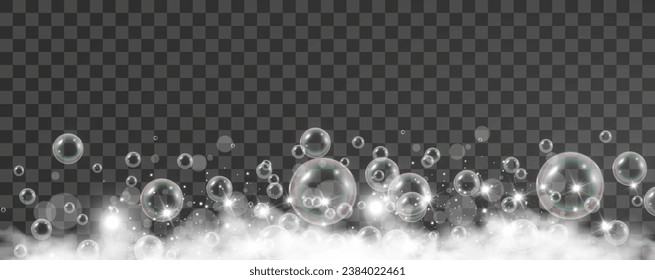Burbujas de aire sobre un fondo transparente. Ilustración vectorial de espuma de jabón.	
