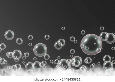 Burbujas de aire sobre un fondo transparente. Ilustración vectorial de espuma de jabón.