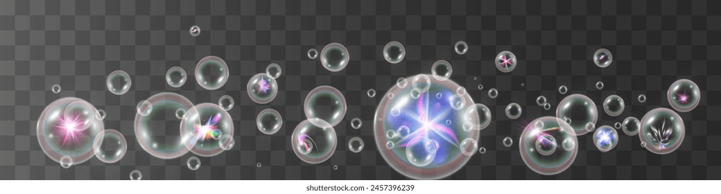 Air bubbles on a transparent background. Soap foam vector illustration.	
