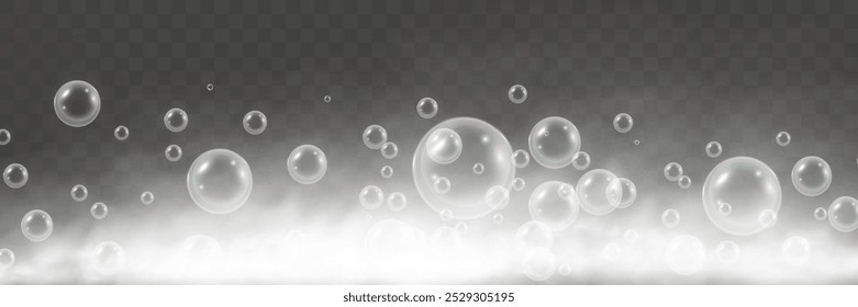 Air bubbles on a transparent background. Soap foam vector illustration.	
