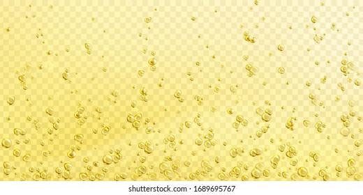 Air bubbles on yellow champagne, soda drink or water surface abstract background. Dynamic fizzy motion, transparent champagne with moving underwater fizzing or moisture drops, realistic 3d vector.