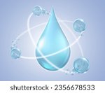 Air bubbles orbit the molecules of clear water droplets. Refers to clean, safe water. realistic vector illustration.