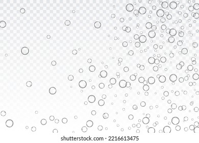 Luftblasen, Sauerstoff, Champagner-Kristall klar, einzeln auf transparentem Hintergrund des modernen Designs. Vektorgrafik von EPS10.