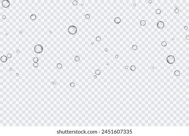 Burbujas de aire, oxígeno, champán cristalino, aislado sobre un fondo transparente de diseño moderno. Ilustración vectorial de EPS 10.