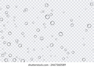 Burbujas de aire, oxígeno, champán cristalino, aislado sobre un fondo transparente de diseño moderno. Ilustración vectorial de EPS 10.